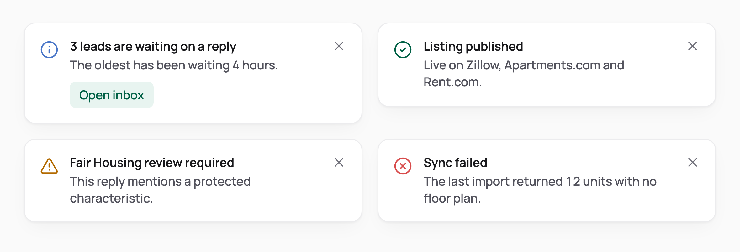 4 toasts: leads waiting on a reply with an Open inbox action, a Fair Housing review warning, a published listing and a failed sync.