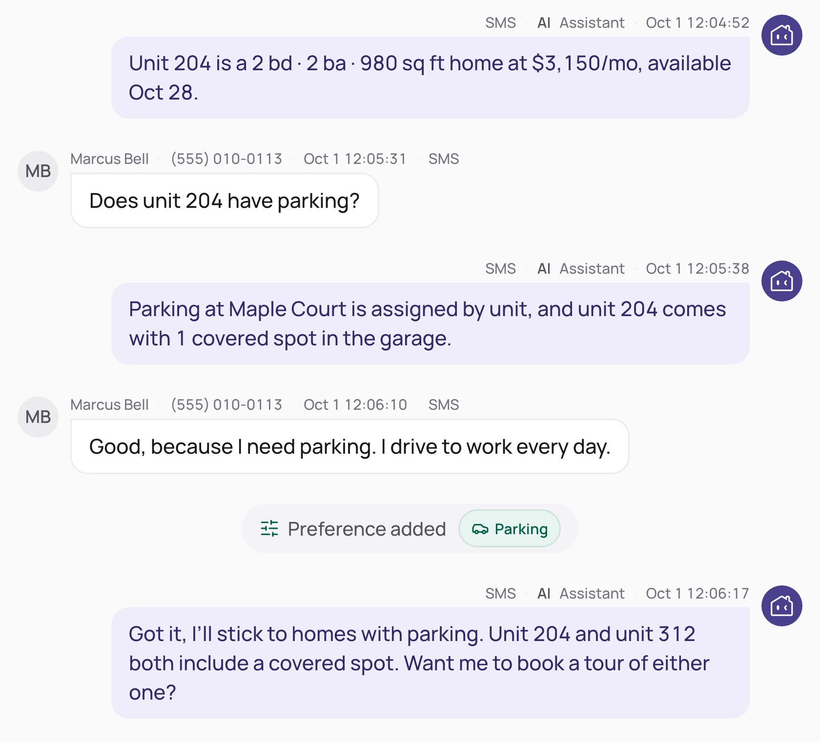 A parking question answered without adding a filter, then I need parking adds a Parking preference