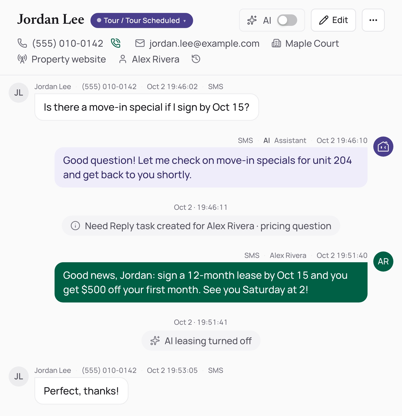 A pricing question the AI can't answer becomes a Need Reply task; the agent answers and AI leasing turns off for the conversation