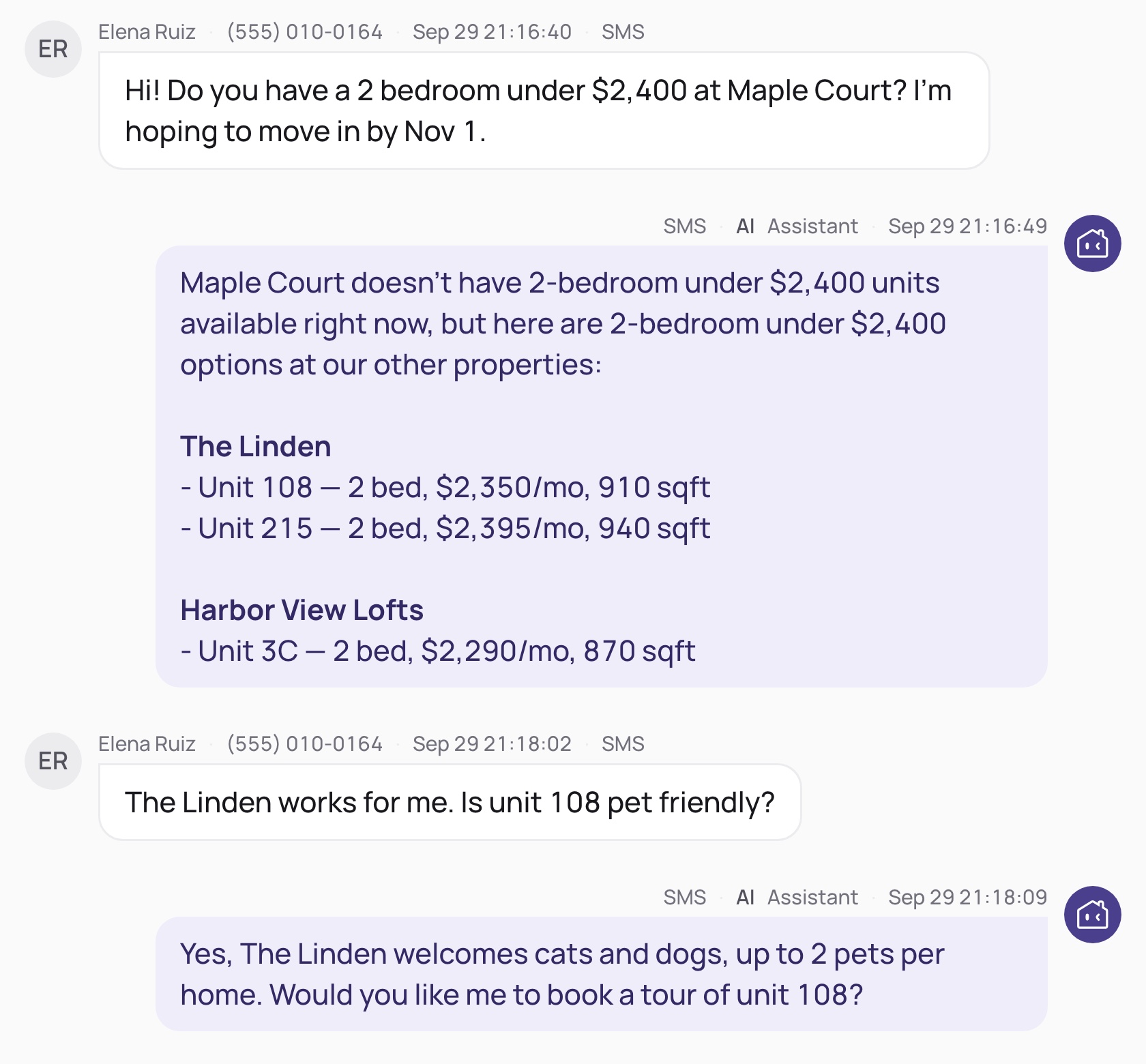 The AI saying Maple Court has nothing under $2,400 and listing matching units at The Linden and Harbor View Lofts