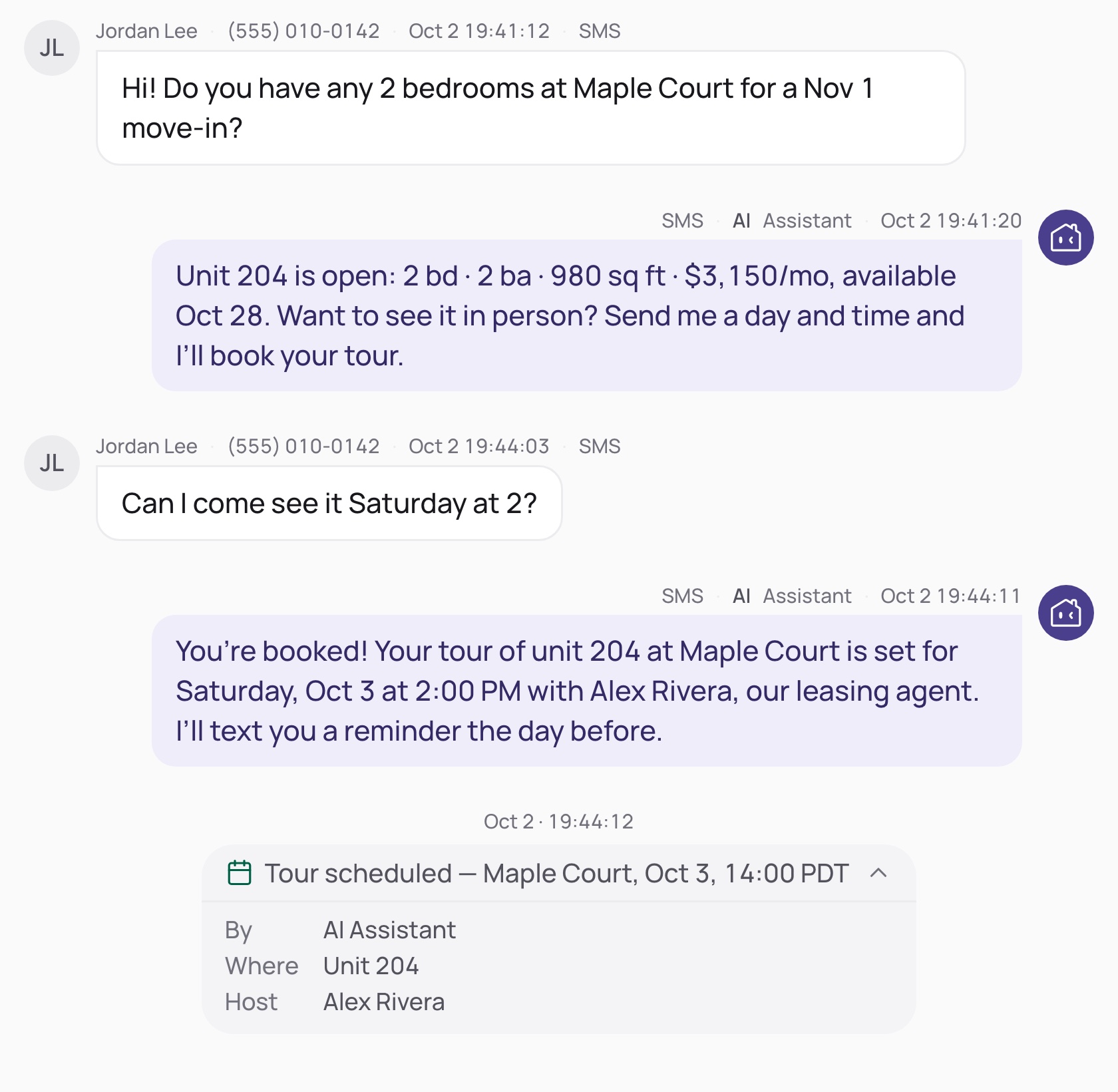 The AI booking a Saturday tour of unit 204 on the leasing agent's calendar