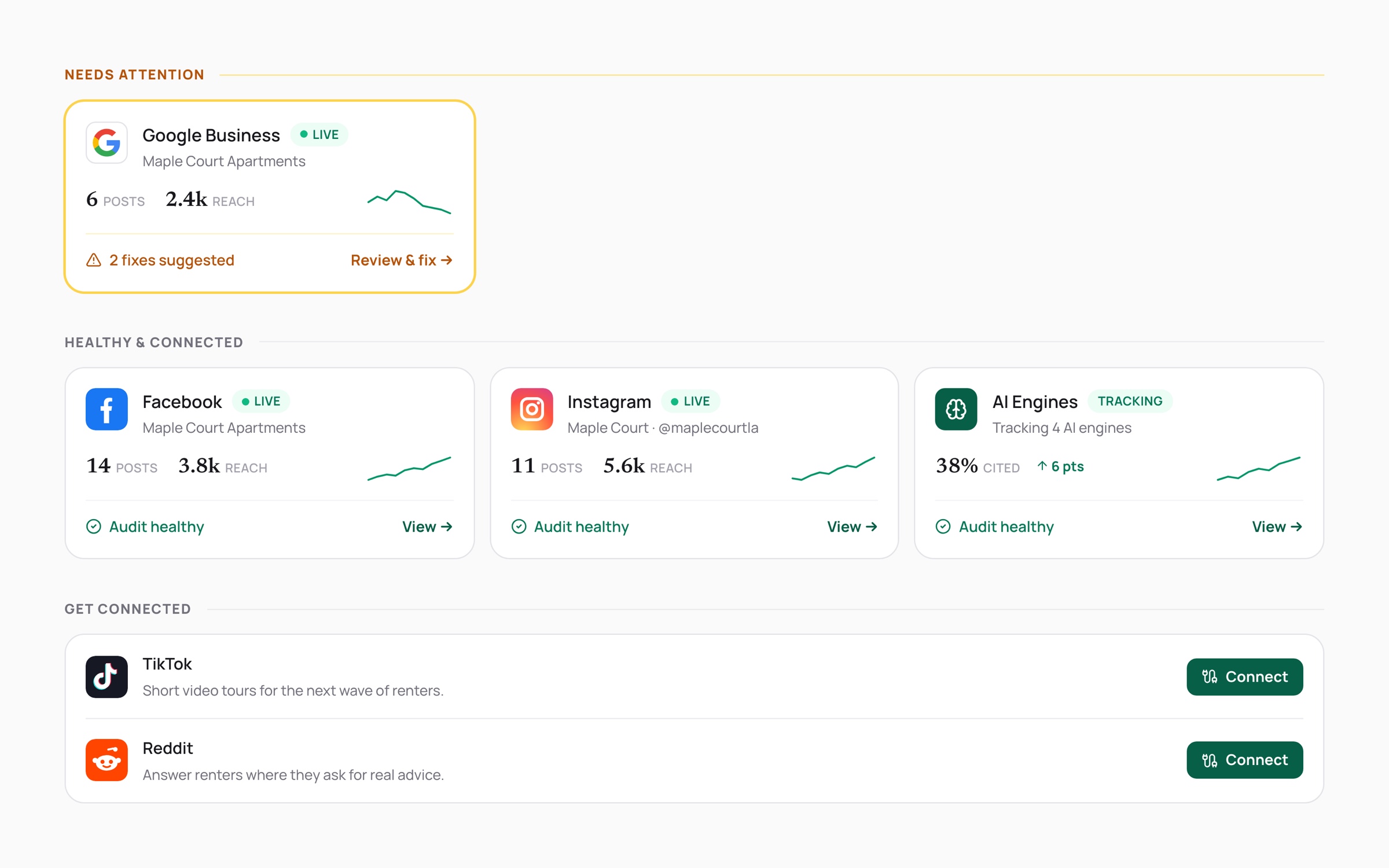 The Channels list grouped into needs attention, healthy and connected, and get connected