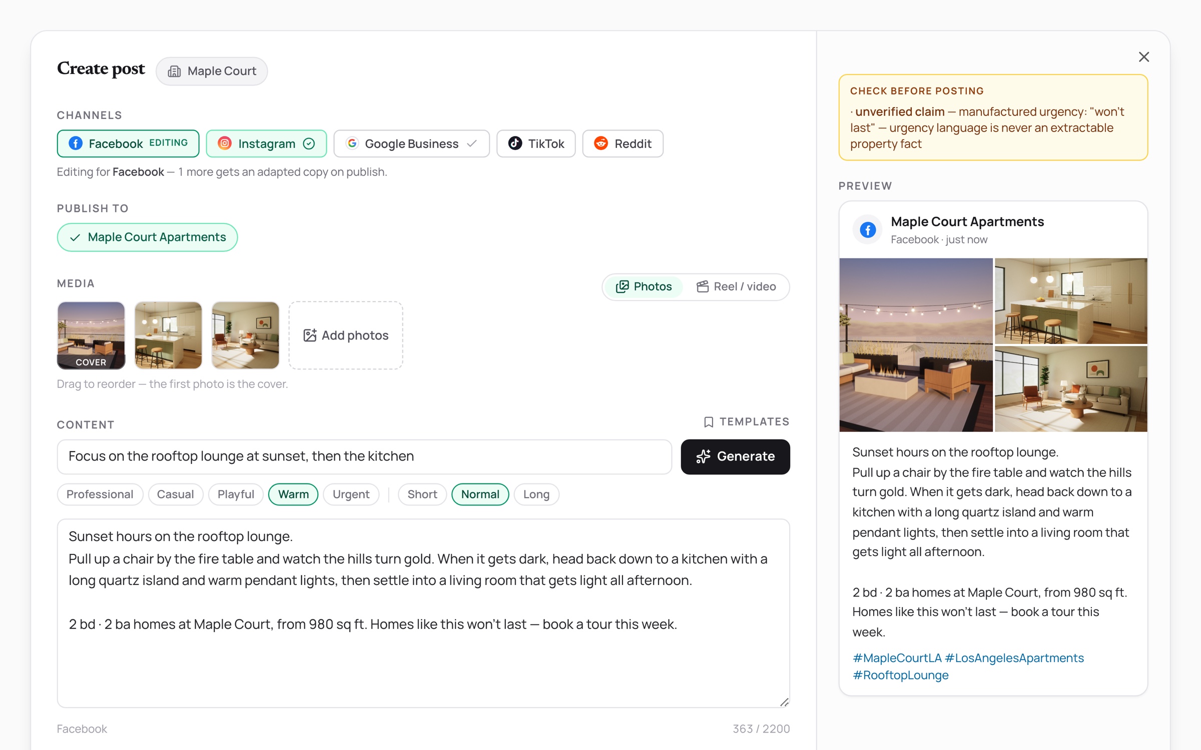 The Create post screen, with a draft held for review