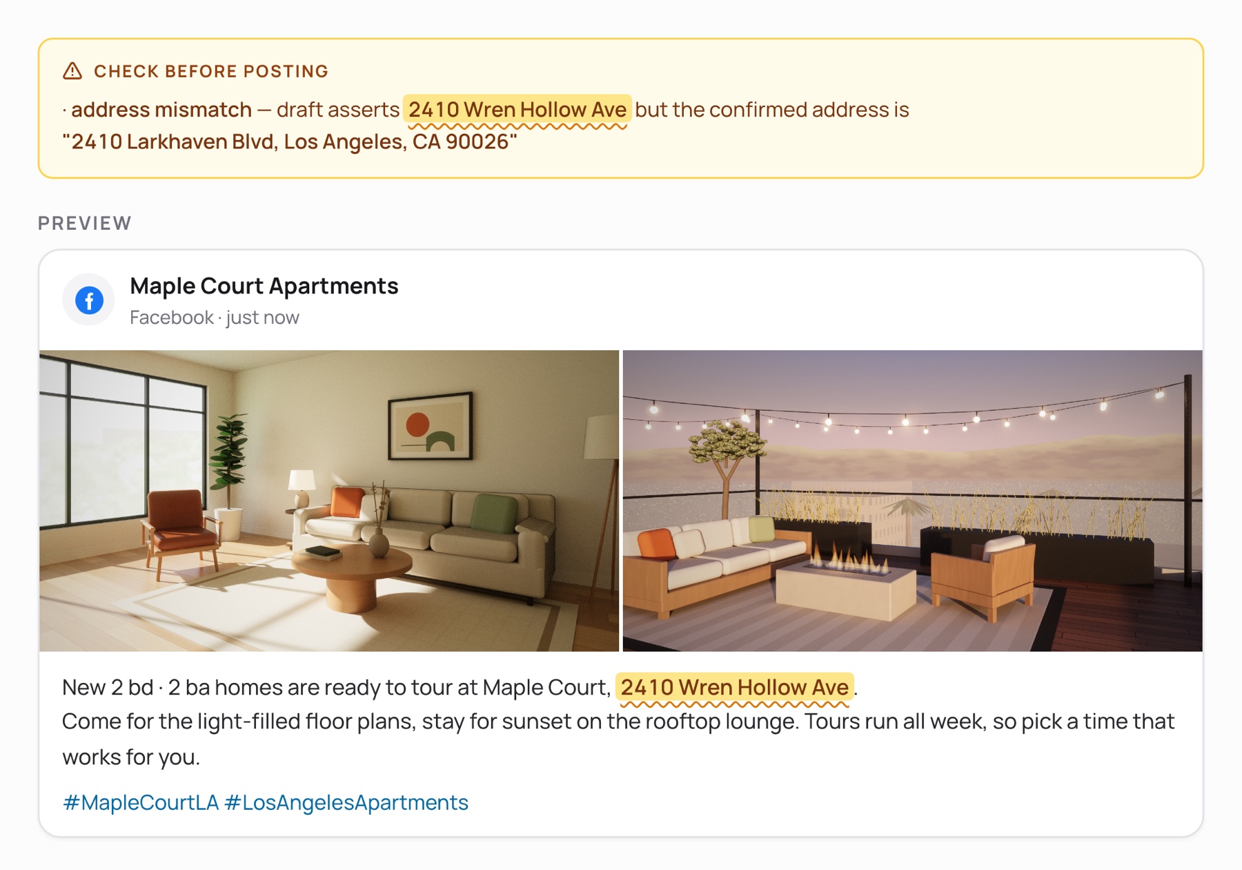 A post preview with 2 property photos, where the fact check highlights the wrong street in the post copy and flags that it doesn't match the confirmed address