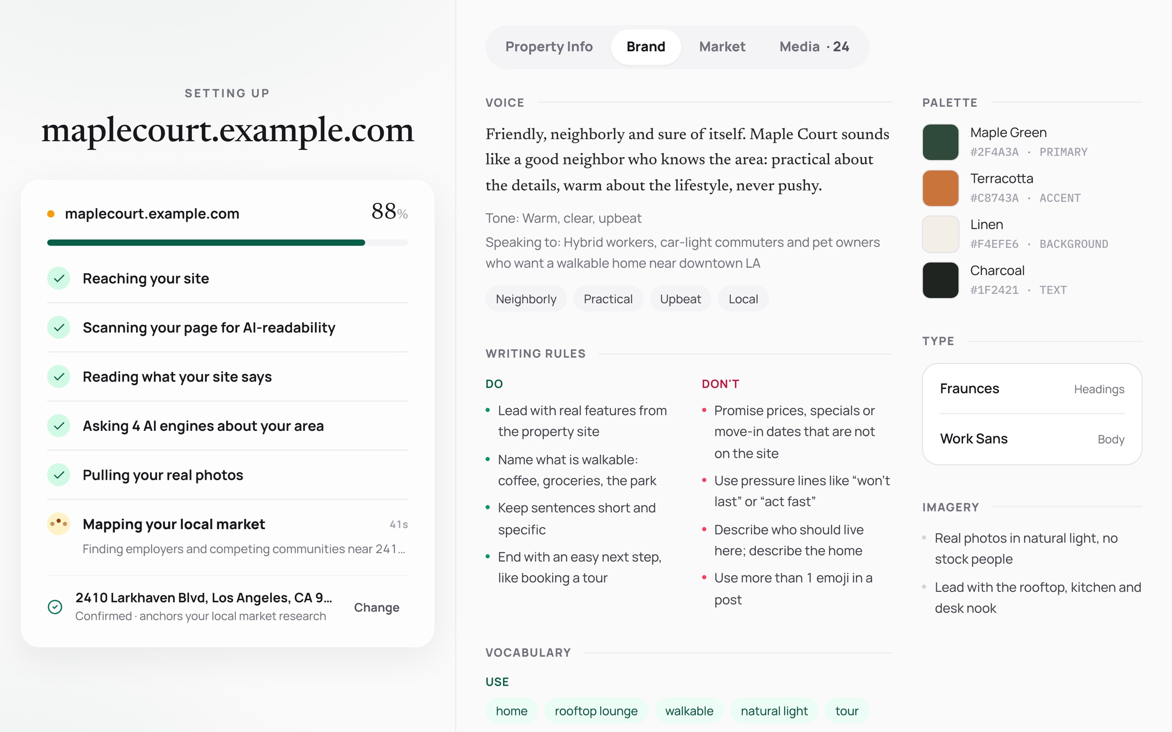 The setup board reading the property's site beside a brand guide with voice, do's and don'ts, colors and fonts