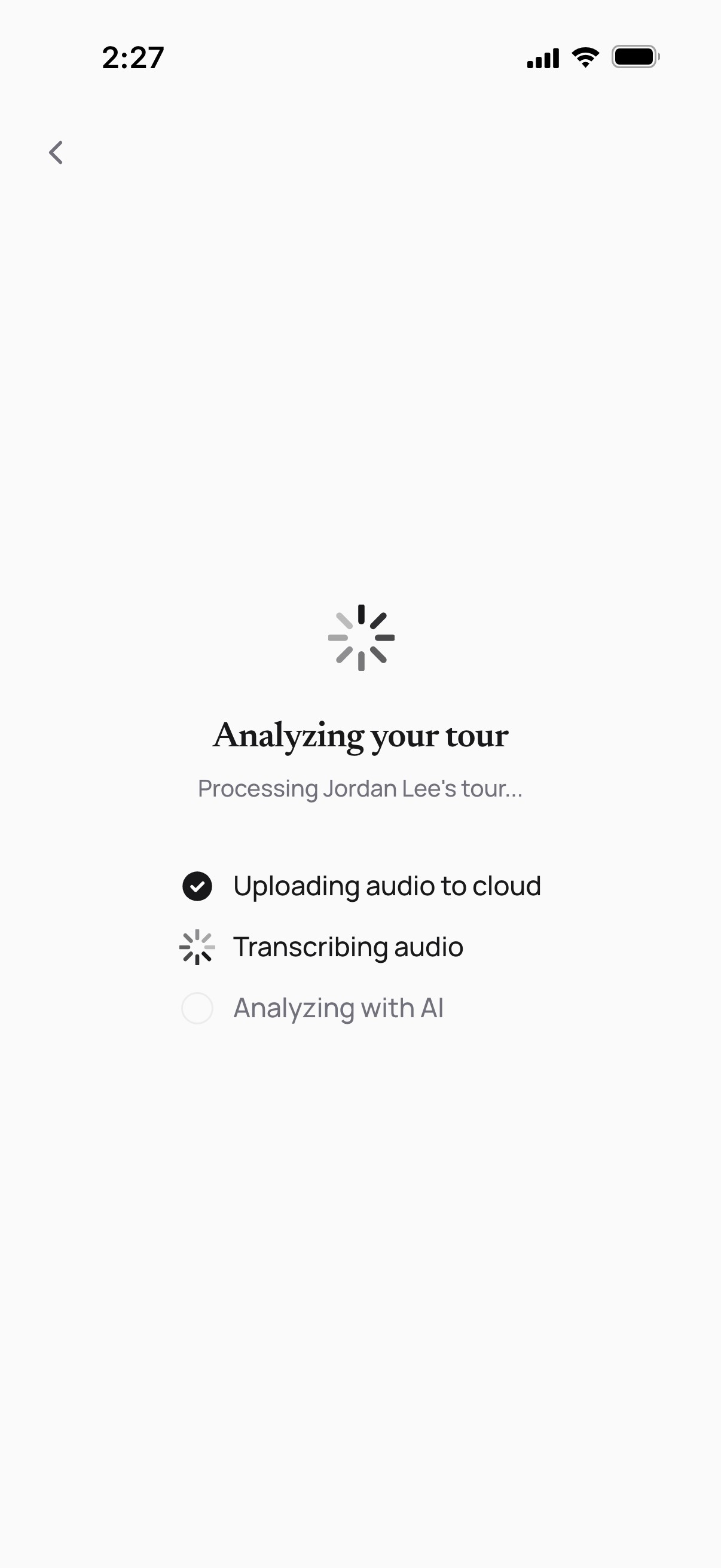 Analyzing your tour: upload done, transcription in progress, AI analysis next