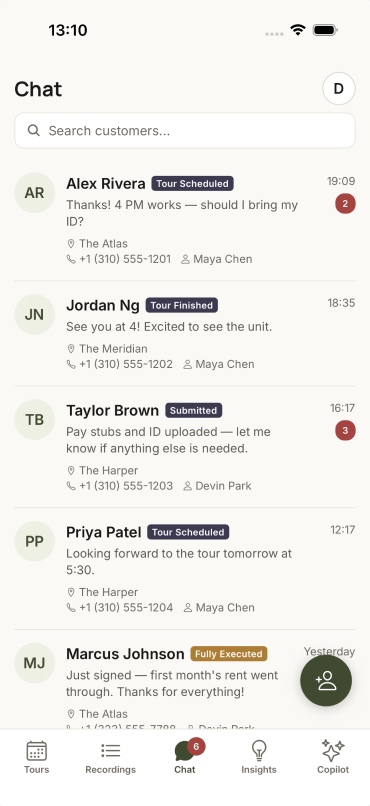 The chat inbox — prospect conversations with status tags (tour scheduled, submitted, fully executed) and unread counts