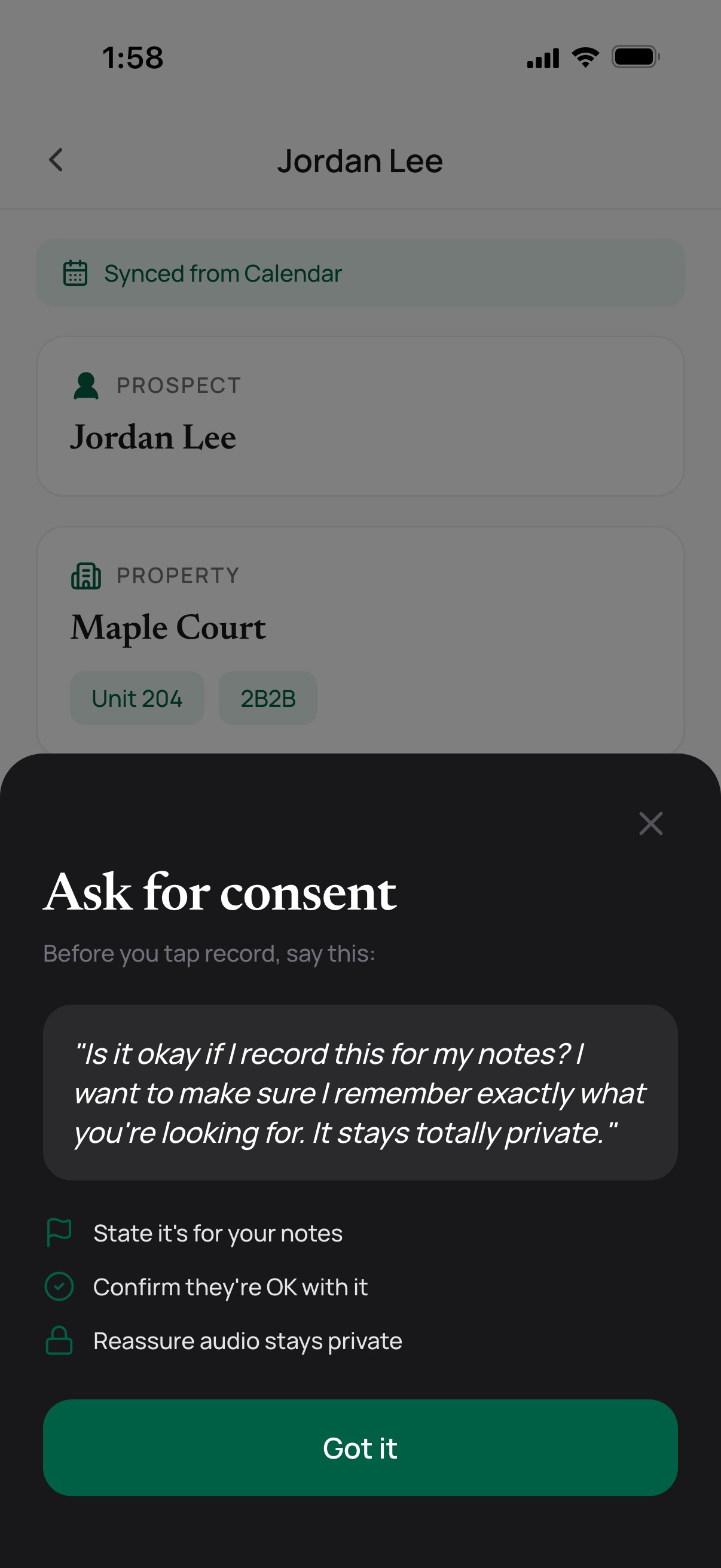 Before a tour recording: an Ask for consent sheet with a suggested script and three checks, over the tour's prospect and property