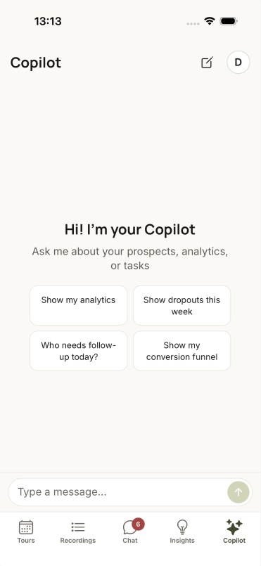 The Copilot in the mobile app — ask about prospects, analytics, or tasks, with suggested questions