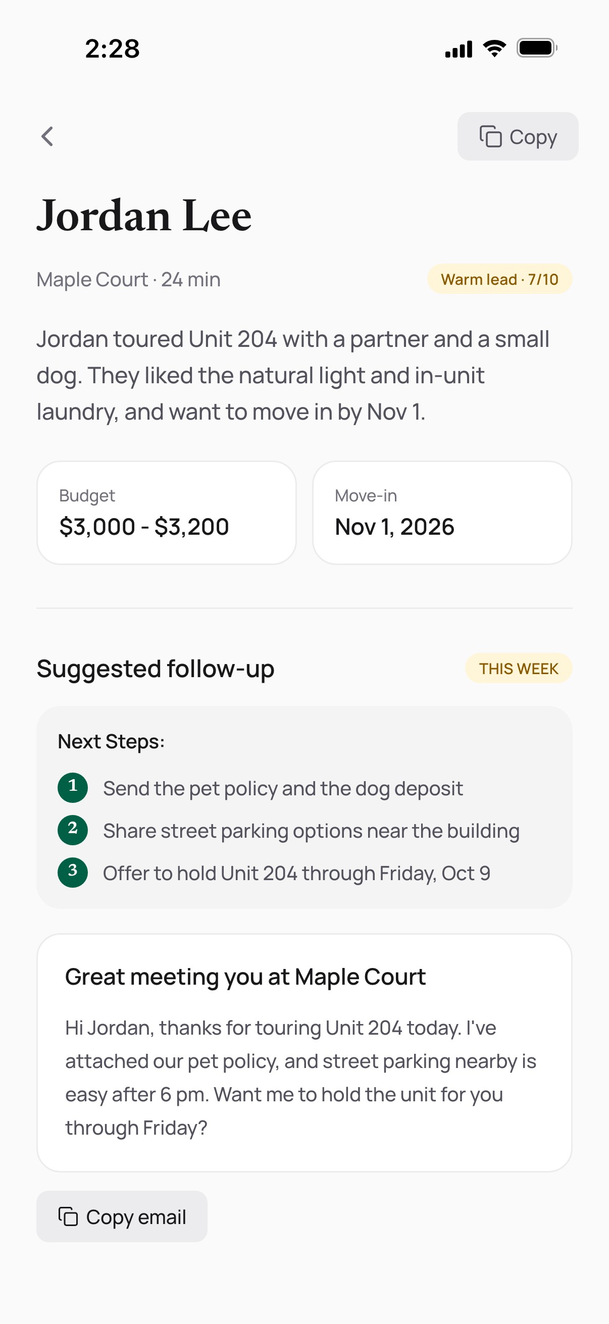 The agents' app showing a tour summary and a suggested follow-up