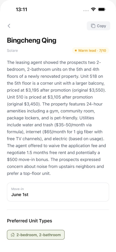 A recorded tour turned into an auto-generated summary — the prospect, a warm-lead score, the units shown, pricing, amenities, and move-in date