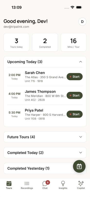 The mobile home screen — today's tours with start buttons, tours-completed and minutes-per-tour stats, and upcoming showings