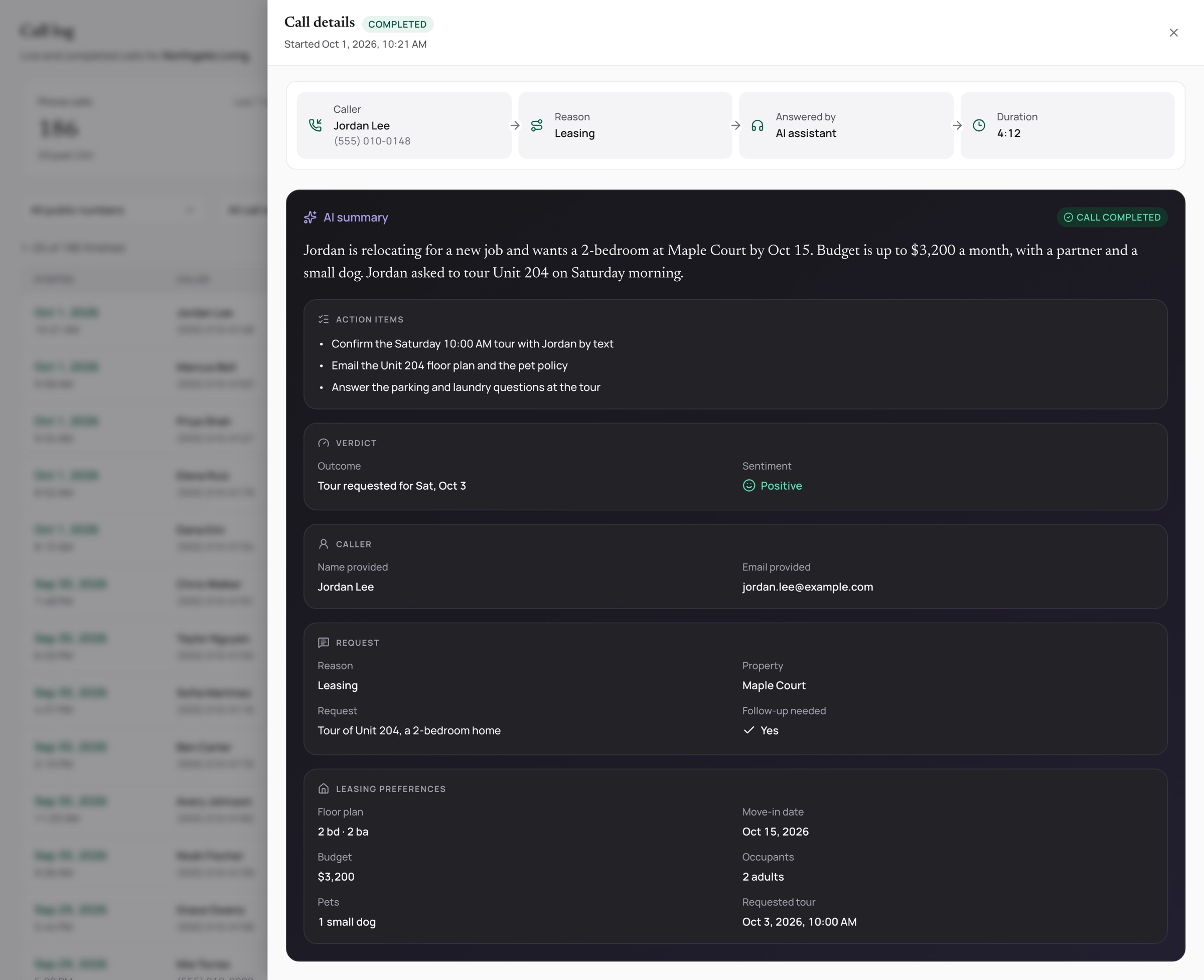 The call log with an AI summary band, action items, verdict and preferences beside the transcript