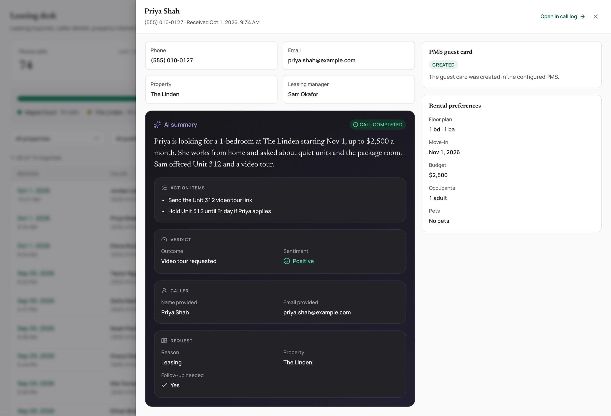 The leasing desk listing voice inquiries with rental preferences