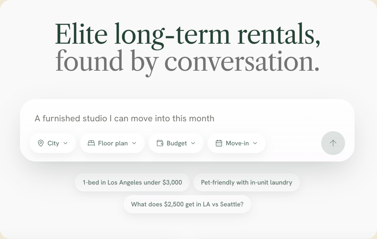 The conversational welcome — "Elite long-term rentals, found by conversation" with a chat box, structured filter chips, and example prompts