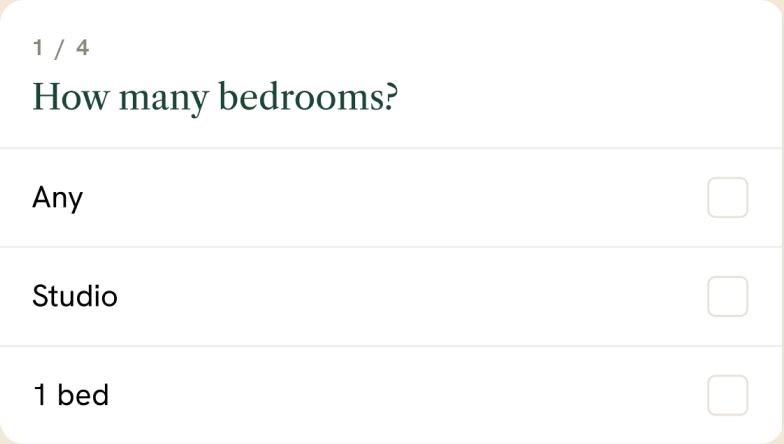 The in-conversation guided intake card — "How many bedrooms?" with checkbox options