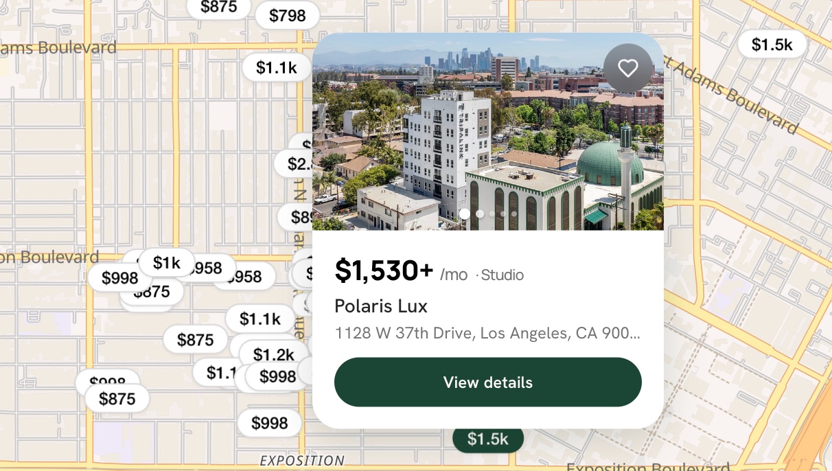 A live map with price pins beside a listing card