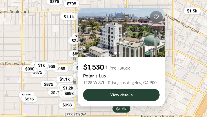 A live map with price pins beside a listing card