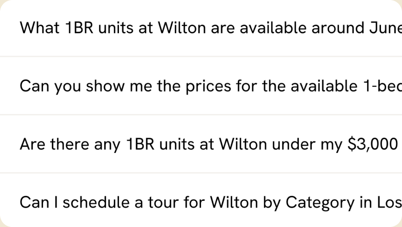 Suggested follow-up questions tailored to the renter's past searches