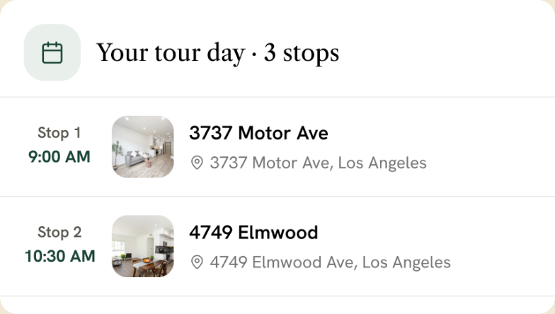 A planned tour day with multiple stops — two showings scheduled at 9:00 and 10:30