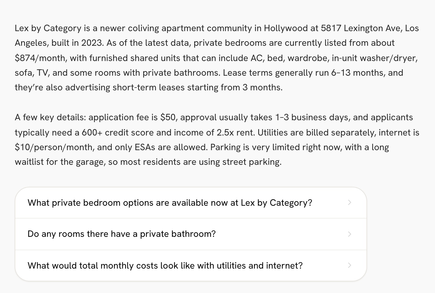 Asked about a building by name, the copilot answers about that building: room prices, lease terms, fees, parking and pet policy