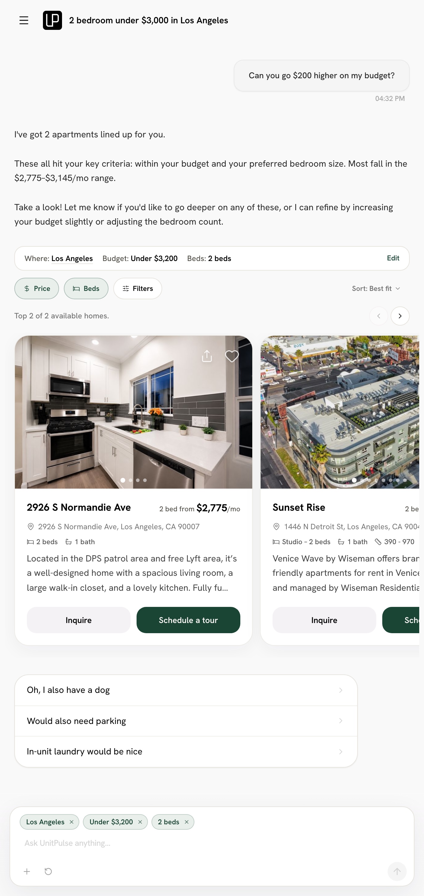 After the renter asks to go $200 higher, the summary reads Budget under $3,200 and the chips update