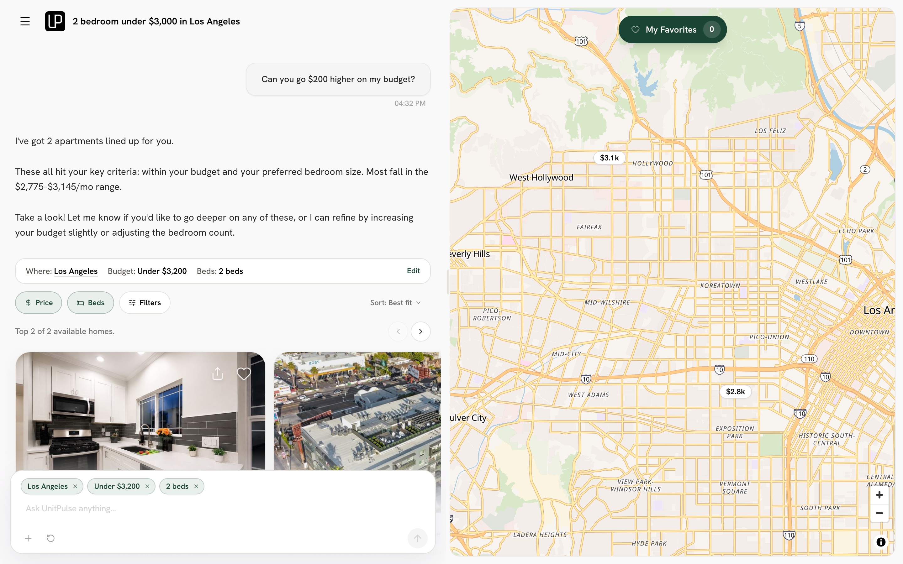 The live copilot after the renter asks to go $200 higher: the summary now reads Budget under $3,200, the filter chips update, and the map shows the matching homes