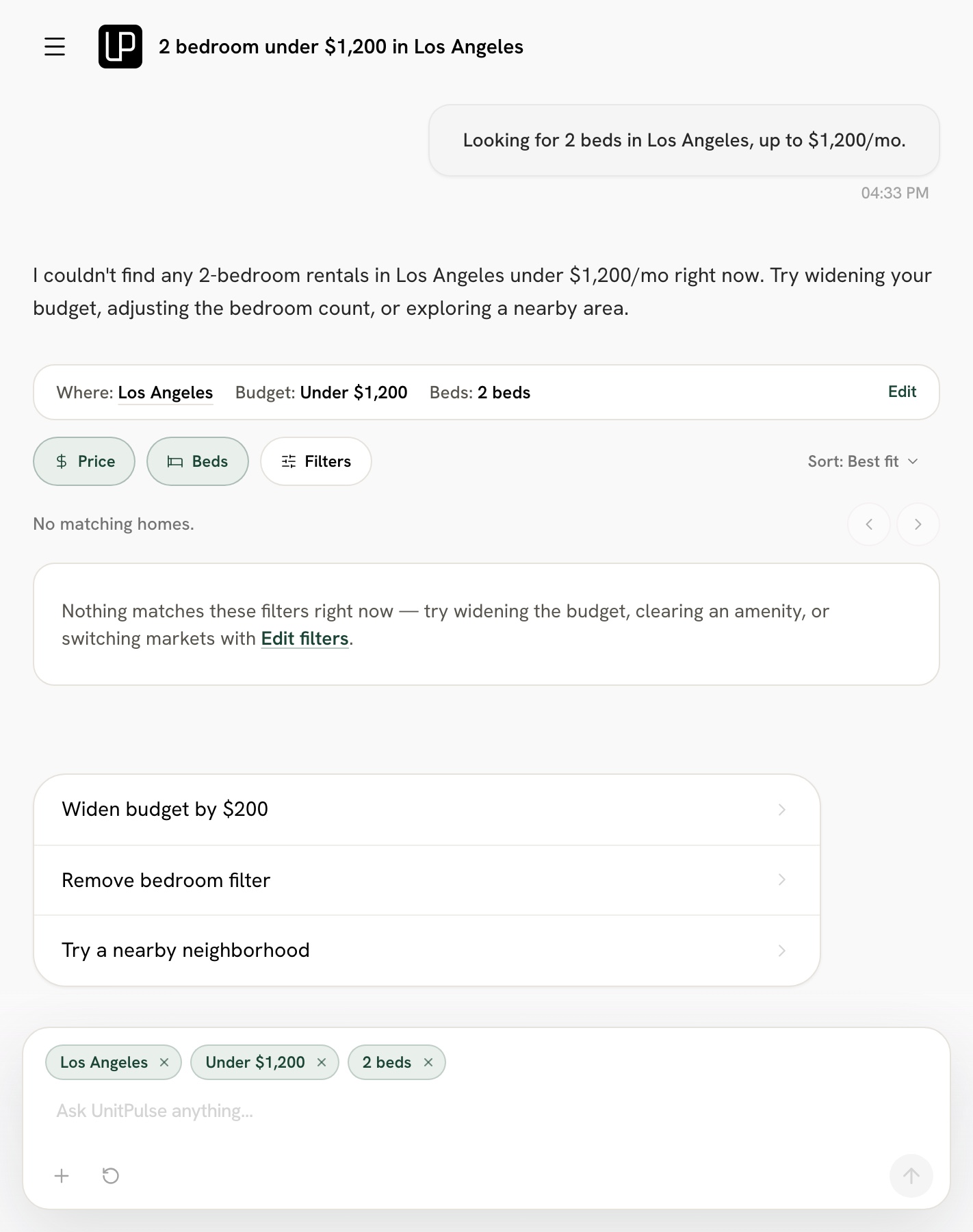 The live copilot's no-results reply, written from the renter's filters, with one-tap chips to widen the budget or remove the bedroom filter