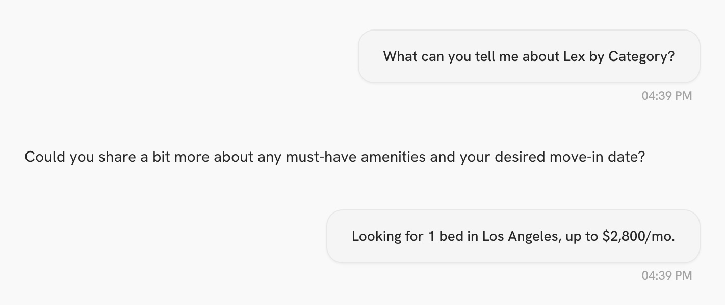 Asked about a building, the copilot first asks for must-have amenities and a move-in date