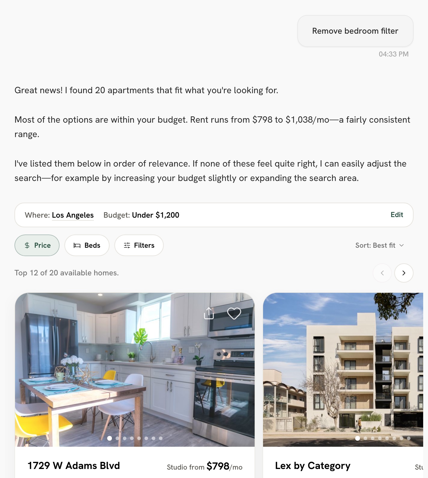 After tapping Remove bedroom filter, the bedroom filter is gone and the copilot shows 20 homes in Los Angeles under $1,200