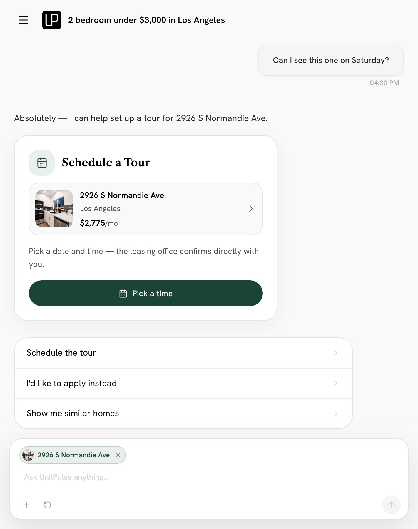 The live copilot opening a Schedule a Tour card for the home in view, with a button to pick a time