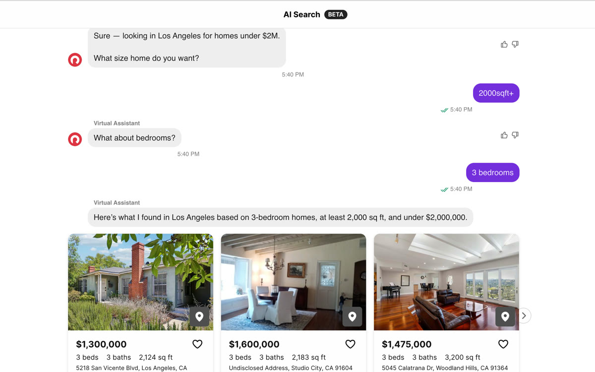 Redfin AI Search — a step-by-step conversational Q&A