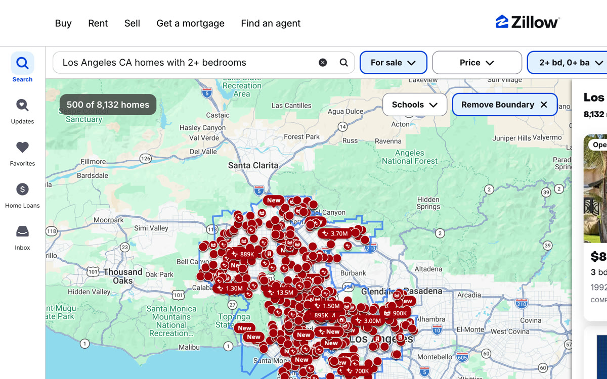 Zillow search with bedroom / bathroom filters and AI natural-language search