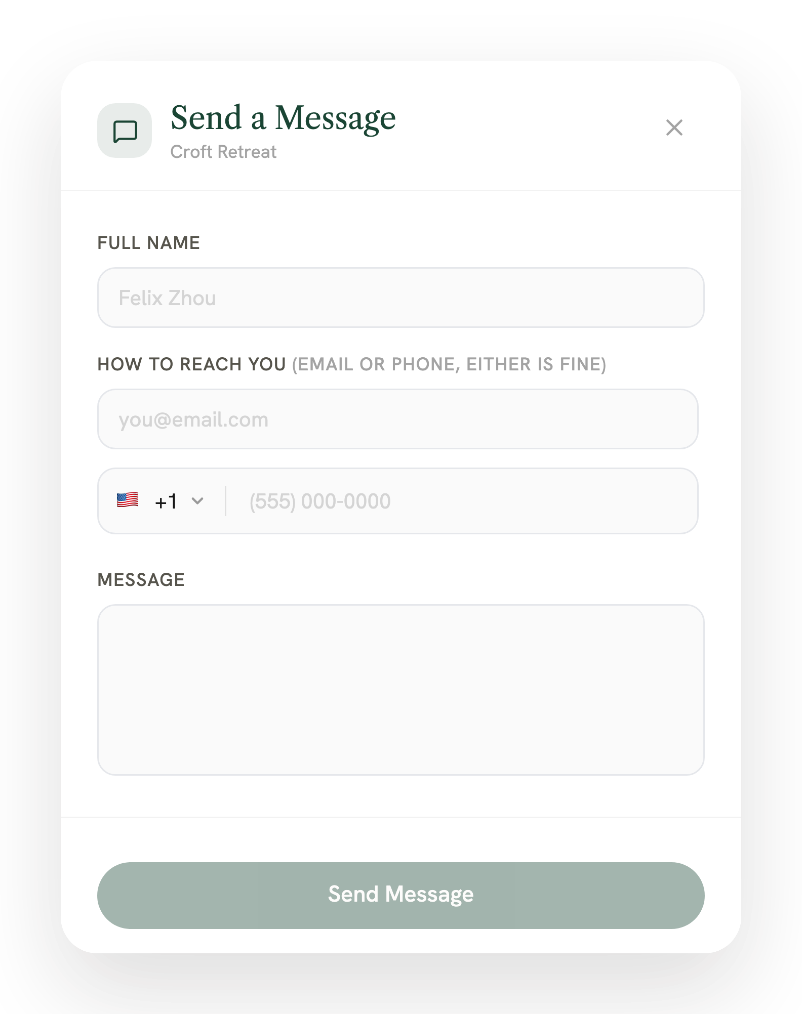 The Send-a-Message inquire modal — full name and a single email-or-phone field (either is fine), plus a message box