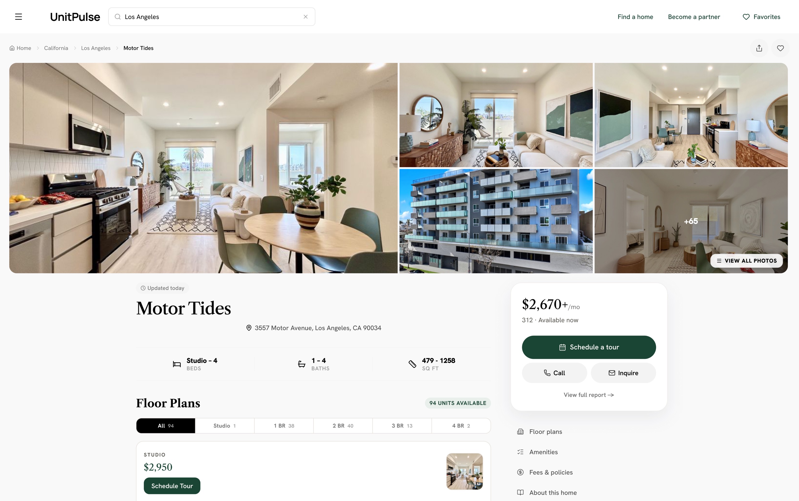 A property detail page: a photo gallery, the home's name and address, studio-to-4-bed floor plans, pricing, a schedule-a-tour panel, and a neighborhood Q&A wall