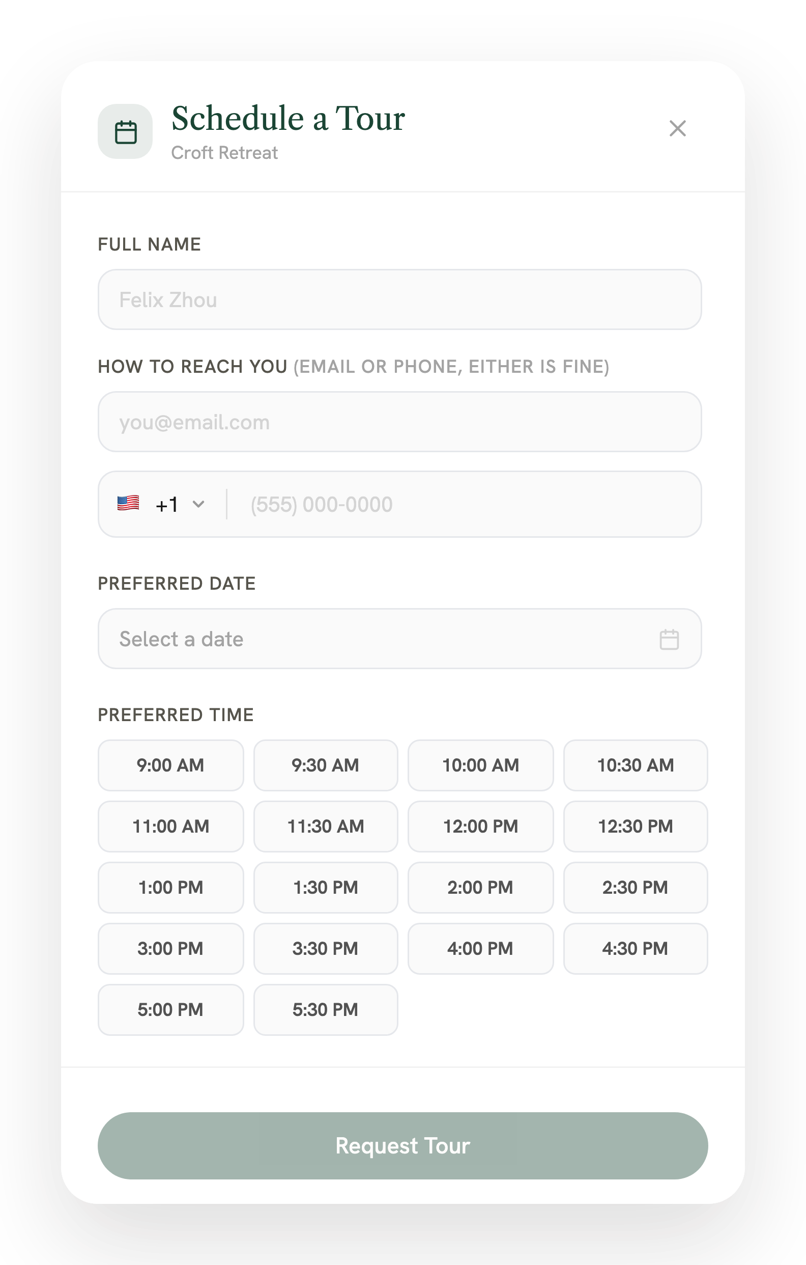 The Schedule-a-Tour modal — contact fields, a preferred-date picker, and a grid of bookable time slots