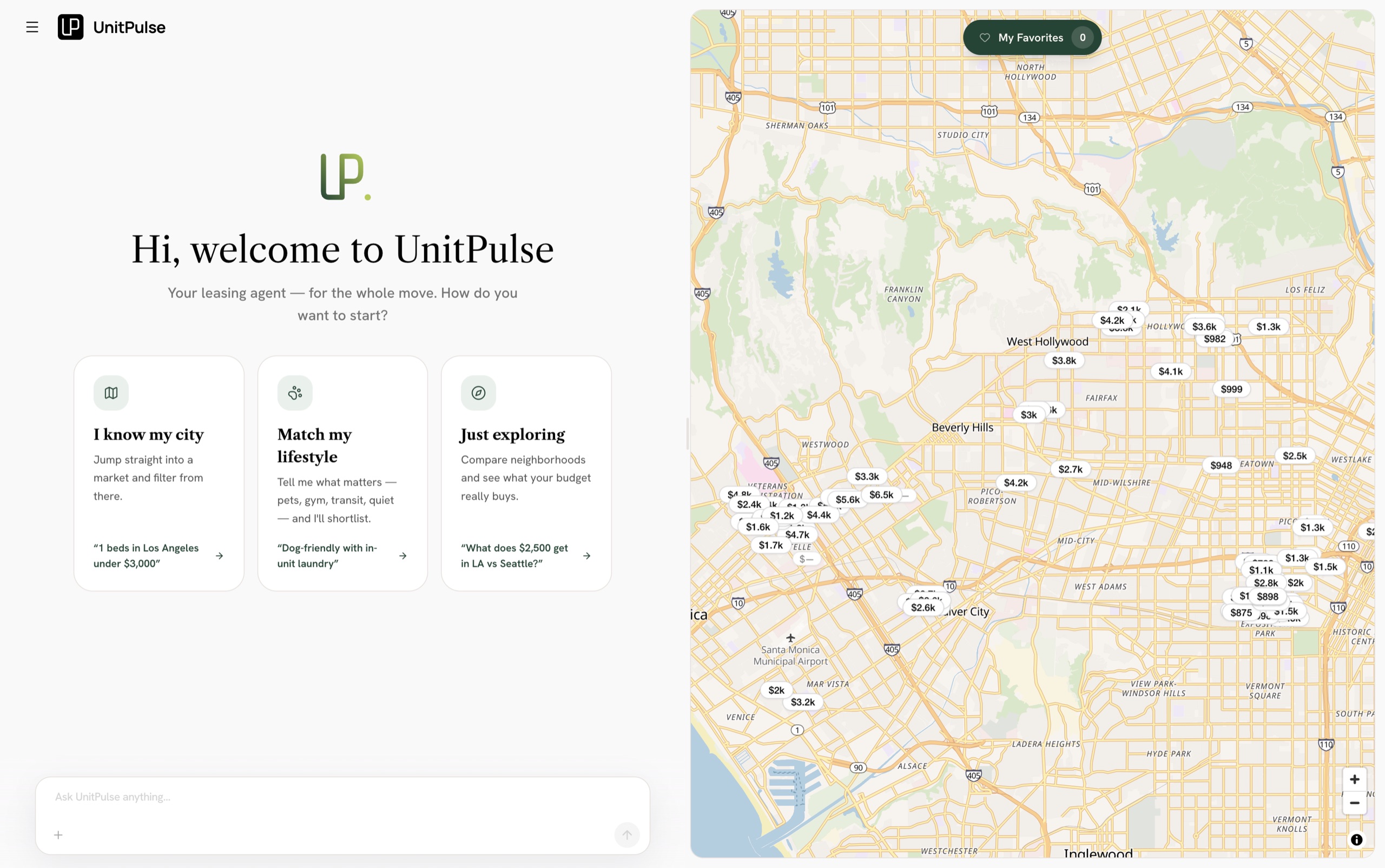 The renter site's conversational welcome — "Hi, welcome to UnitPulse" with three ways to start (know my city, match my lifestyle, just exploring) and an ask-anything box, beside a live map of Los Angeles with priced listing markers